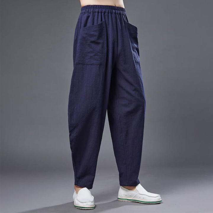Buddha Stones Solid Color Cotton Ramie Linen Men's Elastic Waist Harem Pants With Pockets - image 12