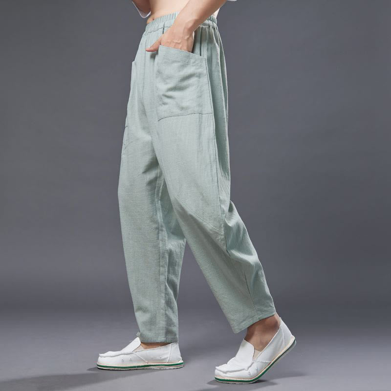 Buddha Stones Solid Color Cotton Ramie Linen Men's Elastic Waist Harem Pants With Pockets - image 20