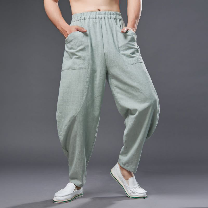 Buddha Stones Solid Color Cotton Ramie Linen Men's Elastic Waist Harem Pants With Pockets