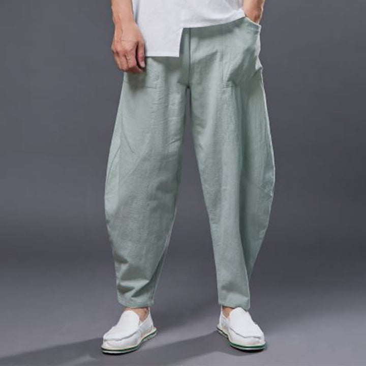Buddha Stones Solid Color Cotton Ramie Linen Men's Elastic Waist Harem Pants With Pockets - image 23