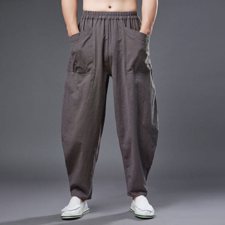 Buddha Stones Solid Color Cotton Ramie Linen Men's Elastic Waist Harem Pants With Pockets