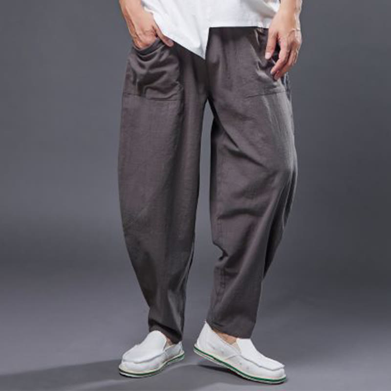Buddha Stones Solid Color Cotton Ramie Linen Men's Elastic Waist Harem Pants With Pockets - image 37