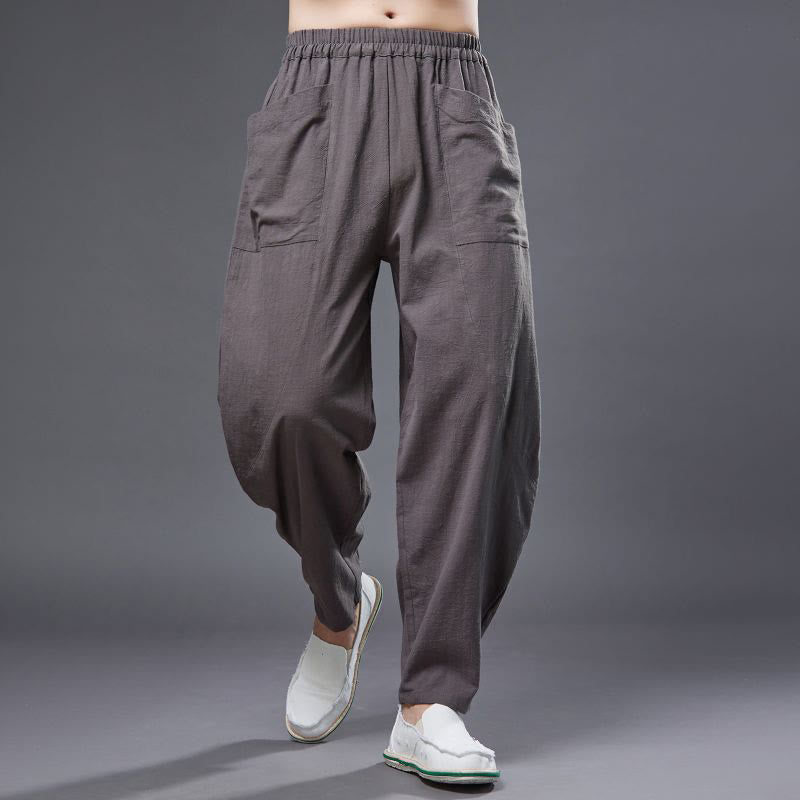 Buddha Stones Solid Color Cotton Ramie Linen Men's Elastic Waist Harem Pants With Pockets - Tan - US/UK/AU38，EU48 (XL) - image 33