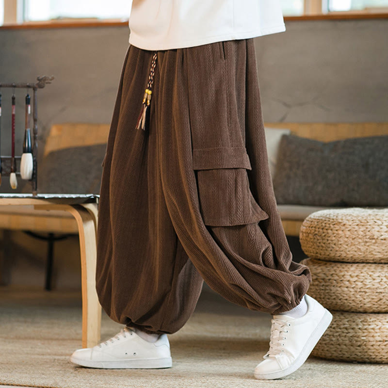 Buddha Stones Fall Winter Men's Drawstring Chenille Corduroy Cargo Pants With Pockets