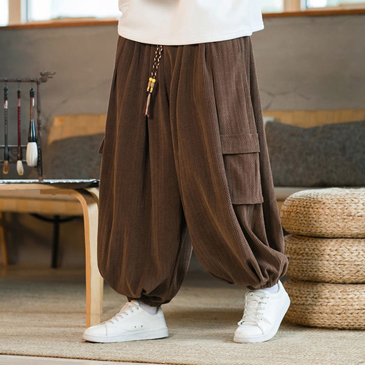 Buddha Stones Fall Winter Men's Drawstring Chenille Corduroy Cargo Pants With Pockets