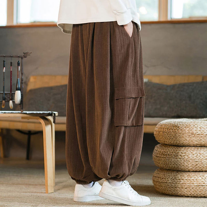 Buddha Stones Fall Winter Men's Drawstring Chenille Corduroy Cargo Pants With Pockets - image 18