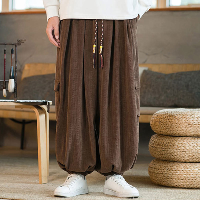 Buddha Stones Fall Winter Men's Drawstring Chenille Corduroy Cargo Pants With Pockets