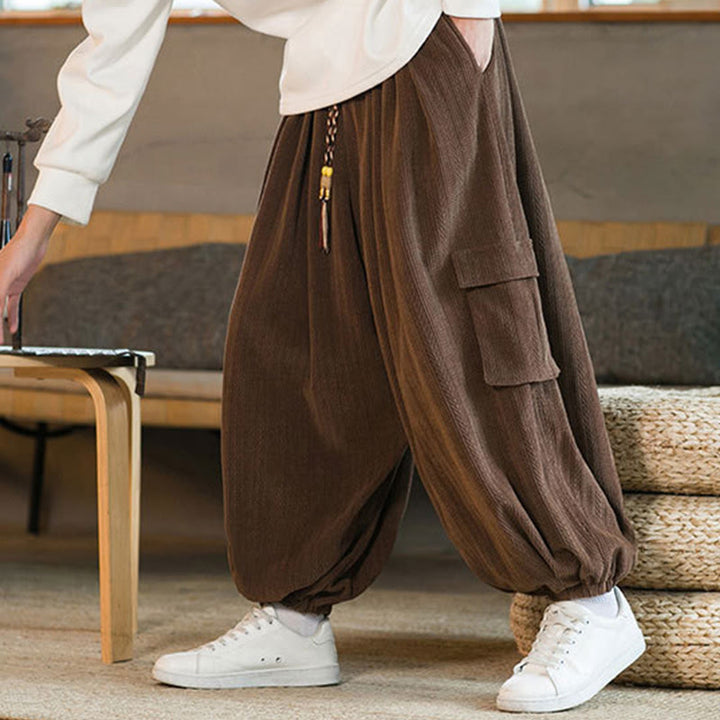 Buddha Stones Fall Winter Men's Drawstring Chenille Corduroy Cargo Pants With Pockets