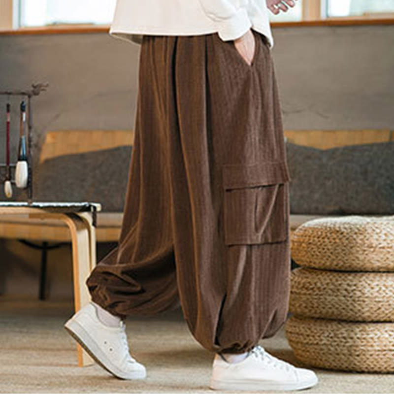 Buddha Stones Fall Winter Men's Drawstring Chenille Corduroy Cargo Pants With Pockets