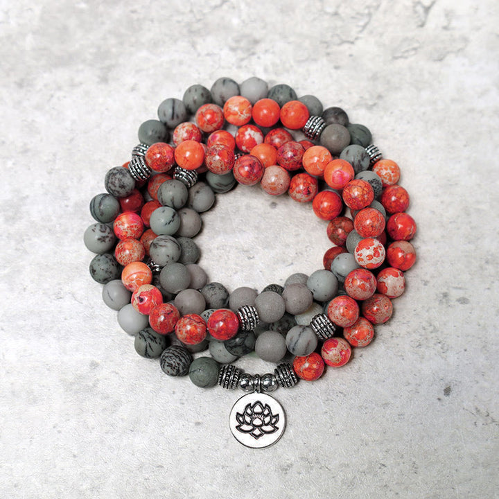 Buddha Stones 108 Mala Beads Natural Stone Sea Sediment Jasper Lotus Protection Bracelet