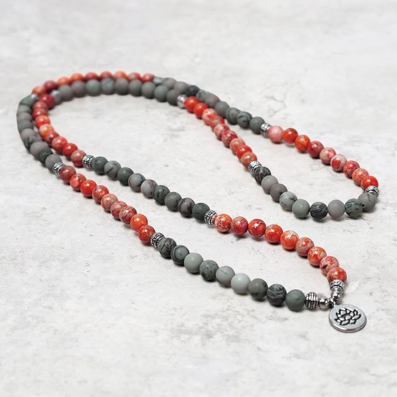 Buddha Stones 108 Mala Beads Natural Stone Sea Sediment Jasper Lotus Protection Bracelet