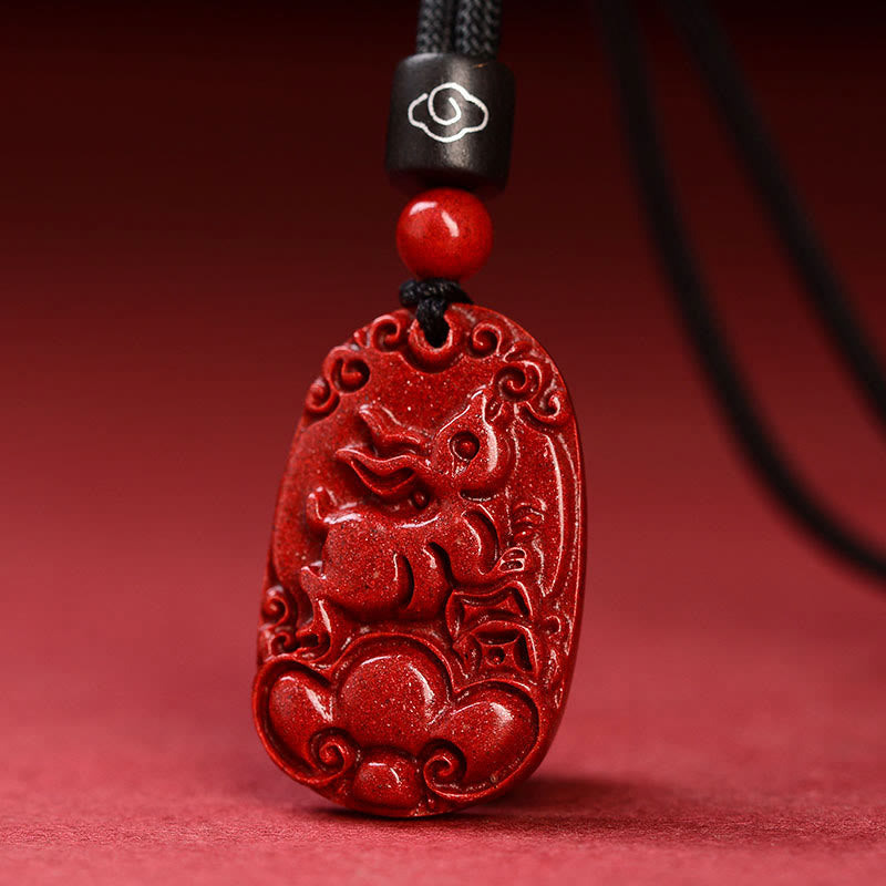 Buddha Stones Chinese Zodiac Black Rope Cinnabar Calm Necklace Pendant