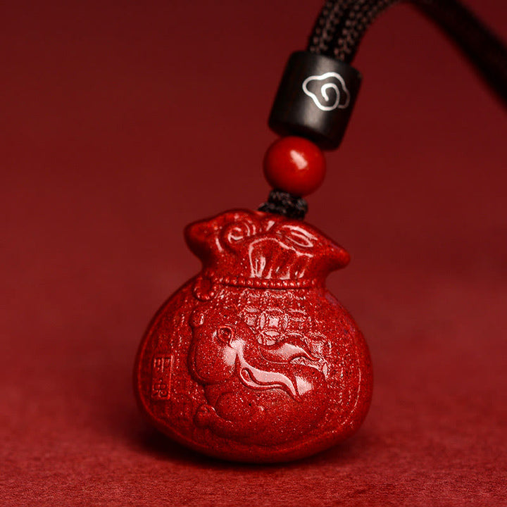 Buddha Stones Chinese Zodiac Money Bag Shape Cinnabar Calm Necklace Pendant