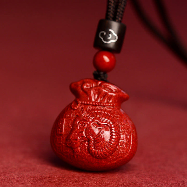 Buddha Stones Chinese Zodiac Money Bag Shape Cinnabar Calm Necklace Pendant