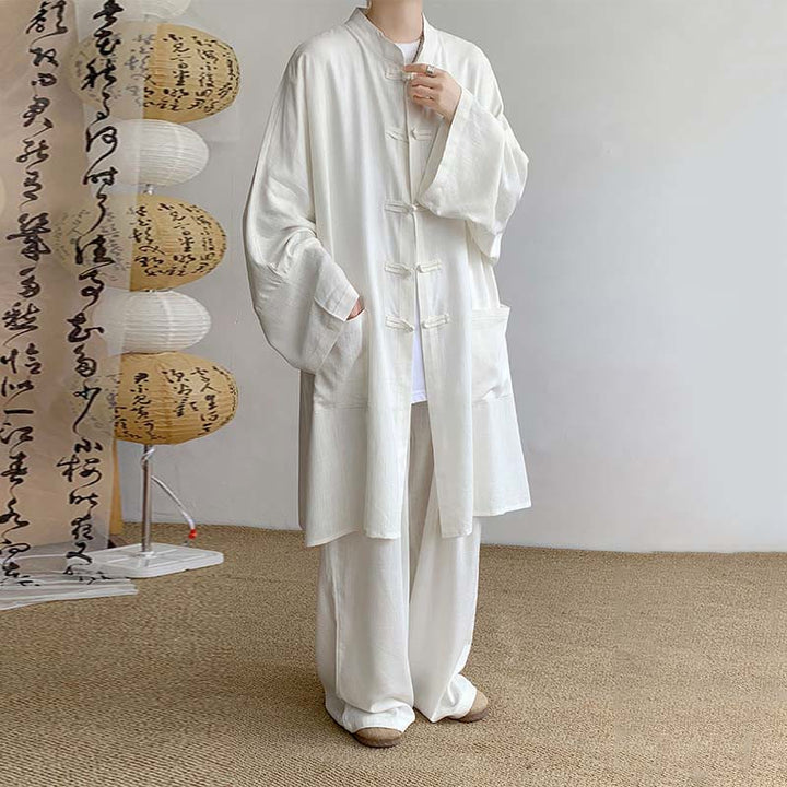 Buddha Stones 2Pcs Men's Long Sleeve Frog-Button Shirt Pants Meditation Zen Cotton Clothing Set - White - US/UK/AU46，EU56 (5XL) - image 3
