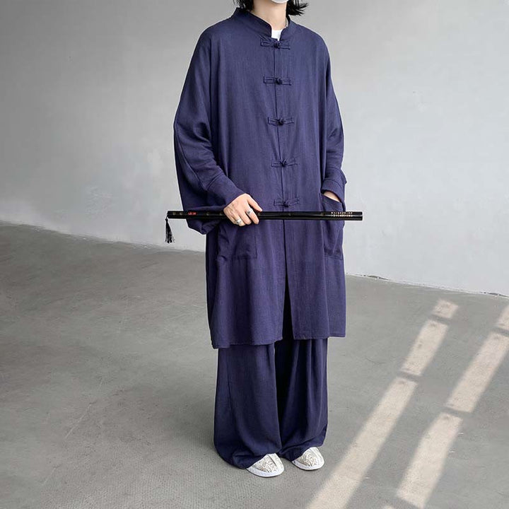 Buddha Stones 2Pcs Men's Long Sleeve Frog-Button Shirt Pants Meditation Zen Cotton Clothing Set - SteelBlue - US/UK/AU46，EU56 (5XL) - image 10