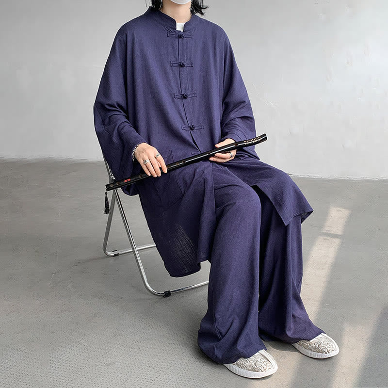 Buddha Stones 2Pcs Men's Long Sleeve Frog-Button Shirt Pants Meditation Zen Cotton Clothing Set - image 14