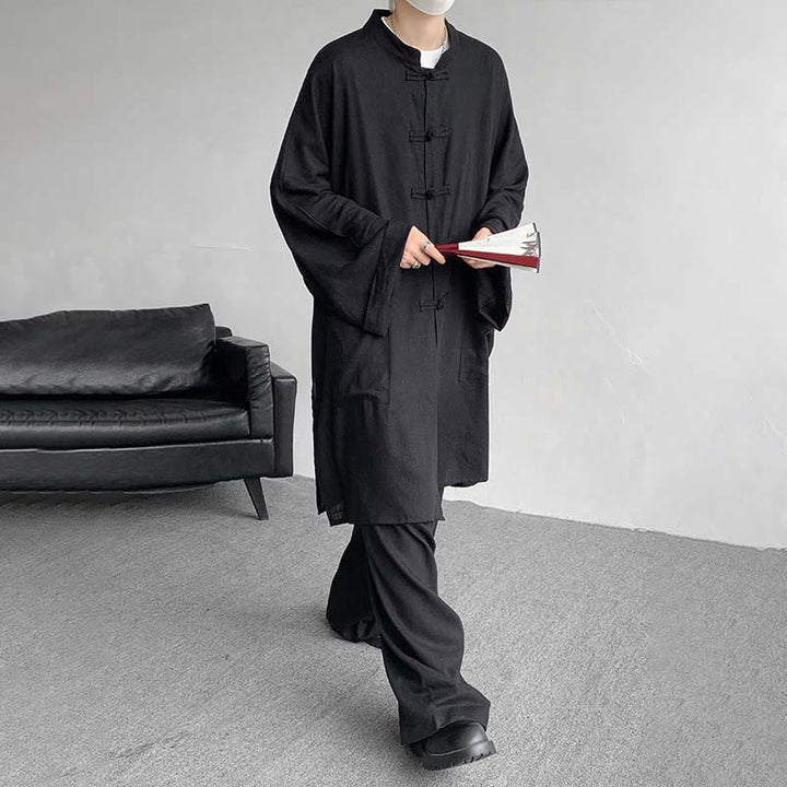 Buddha Stones 2Pcs Men's Long Sleeve Frog-Button Shirt Pants Meditation Zen Cotton Clothing Set