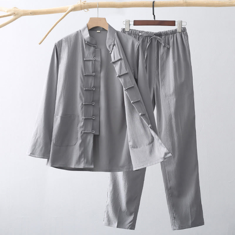 Buddha Stones 2Pcs Tang Suit Traditional Frog-Button Men's Long Sleeve Shirt Pants Clothing Set - Gray - US/UK/AU44，EU54 (4XL) - image 8