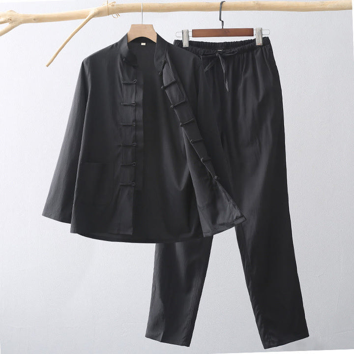 Buddha Stones 2Pcs Tang Suit Traditional Frog-Button Men's Long Sleeve Shirt Pants Clothing Set - Black - US/UK/AU44，EU54 (4XL) - image 10