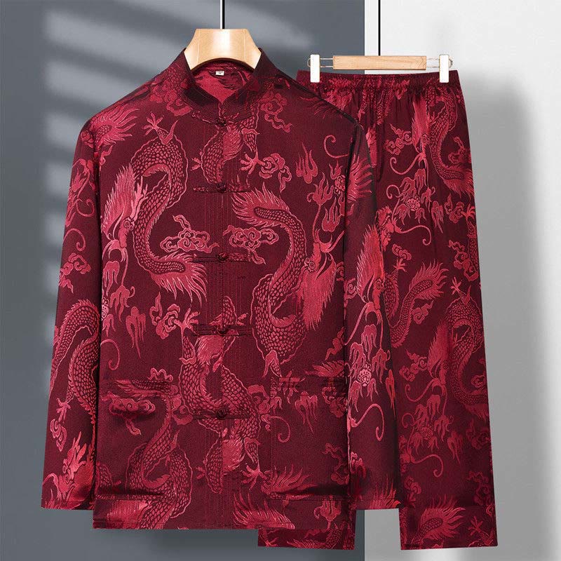 Buddha Stones 2Pcs Tang Suit Dragon Frog-Button Men's Long Sleeve Shirt Pants Clothing Set