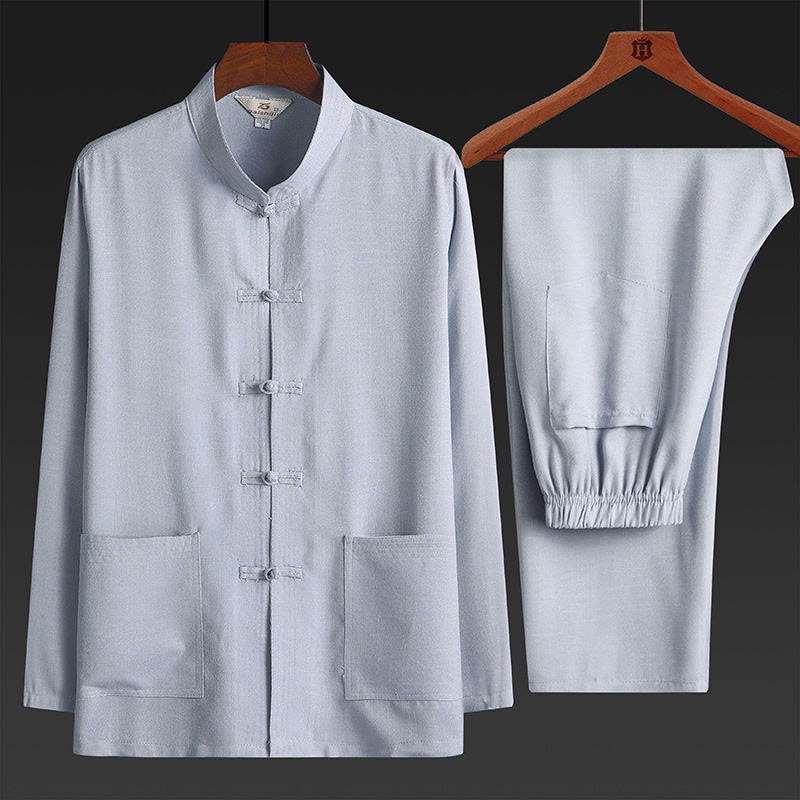 Buddha Stones 2Pcs Tang Suit Plain Color Frog-Button Men's Long Sleeve Shirt Pants Set - LightGrey - 2Pcs Set - US/UK/AU44，EU54 (4XL) - image 3