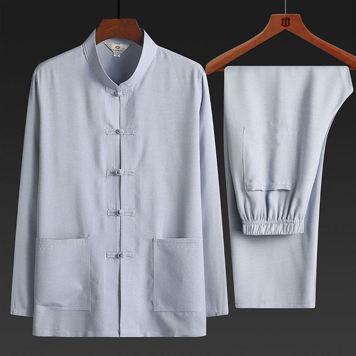 Buddha Stones 2Pcs Tang Suit Plain Color Frog-Button Men's Long Sleeve Shirt Pants Set - LightGrey - 2Pcs Set - US/UK/AU44，EU54 (4XL) - image 3