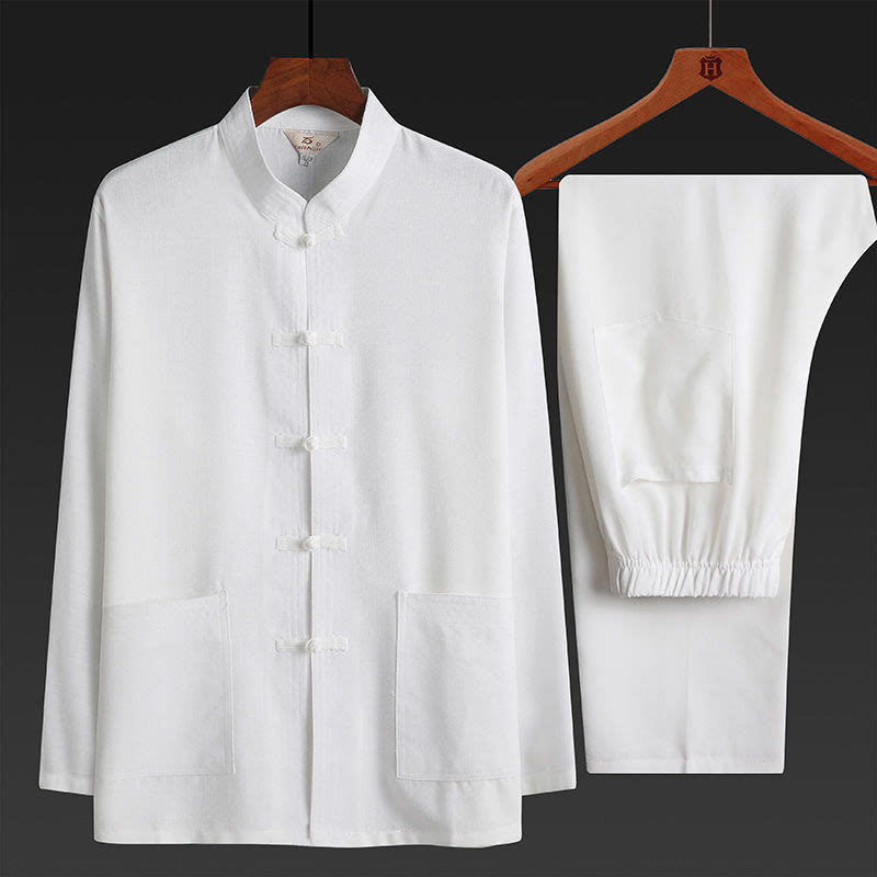 Buddha Stones 2Pcs Tang Suit Plain Color Frog-Button Men's Long Sleeve Shirt Pants Set - White - 2Pcs Set - US/UK/AU44，EU54 (4XL) - image 21