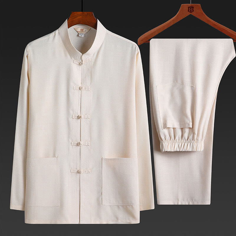 Buddha Stones 2Pcs Tang Suit Plain Color Frog-Button Men's Long Sleeve Shirt Pants Set - Linen - 2Pcs Set - US/UK/AU44，EU54 (4XL) - image 18