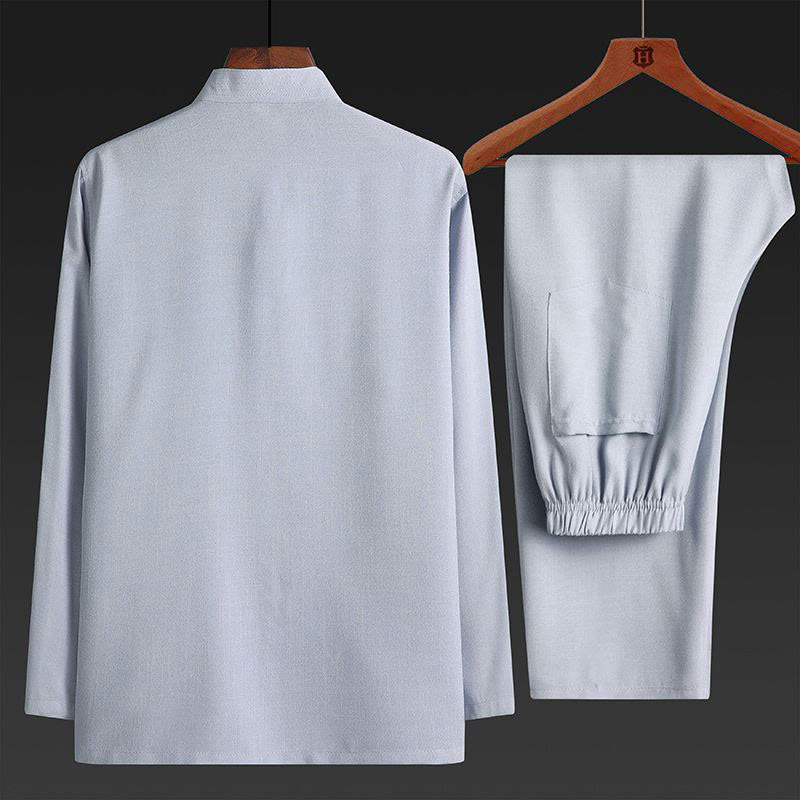 Buddha Stones 2Pcs Tang Suit Plain Color Frog-Button Men's Long Sleeve Shirt Pants Set - image 4