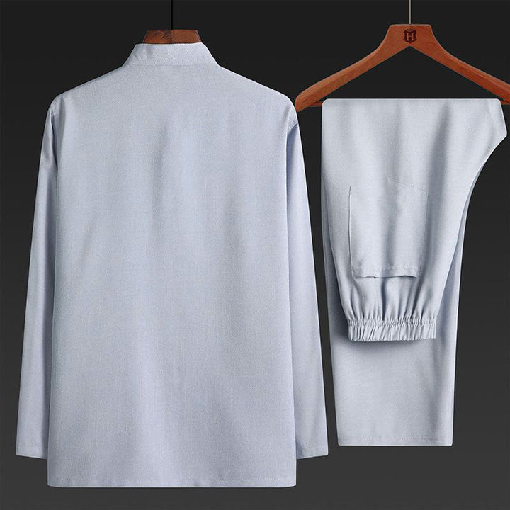 Buddha Stones 2Pcs Tang Suit Plain Color Frog-Button Men's Long Sleeve Shirt Pants Set - image 4