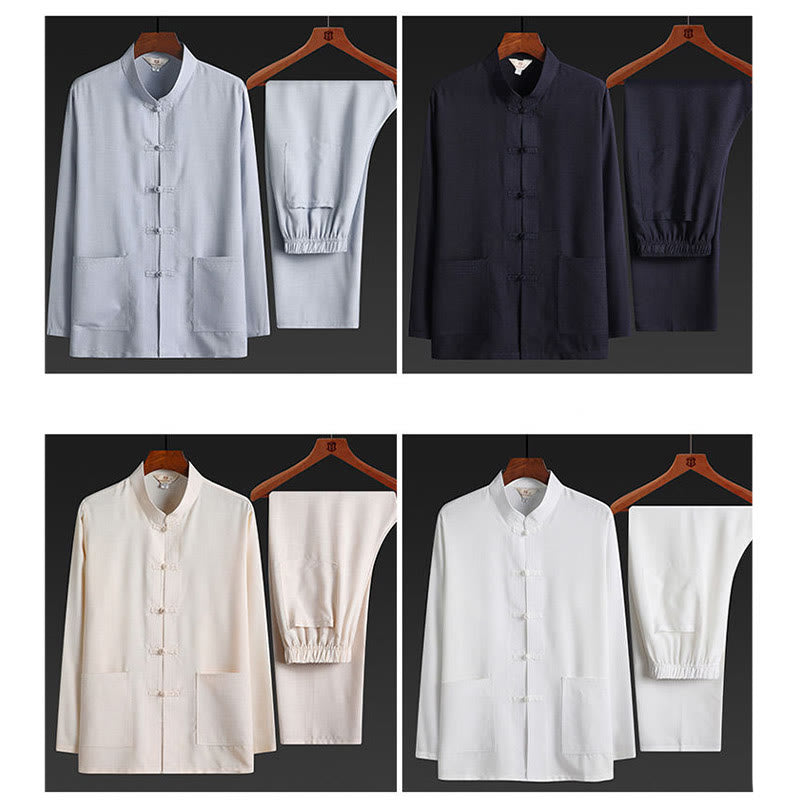 Buddha Stones 2Pcs Tang Suit Plain Color Frog-Button Men's Long Sleeve Shirt Pants Set - image 24