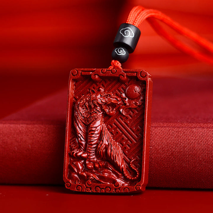 Buddha Stones Chinese Zodiac Cinnabar Rectangle Calm Necklace Pendant