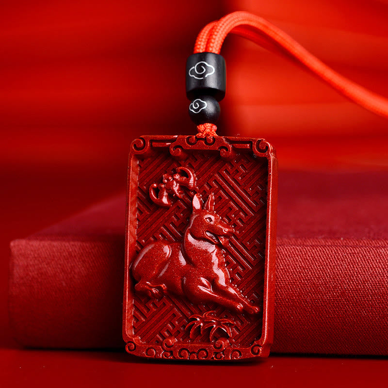 Buddha Stones Chinese Zodiac Cinnabar Rectangle Calm Necklace Pendant