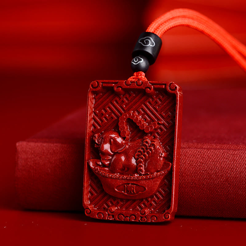 Buddha Stones Chinese Zodiac Cinnabar Rectangle Calm Necklace Pendant