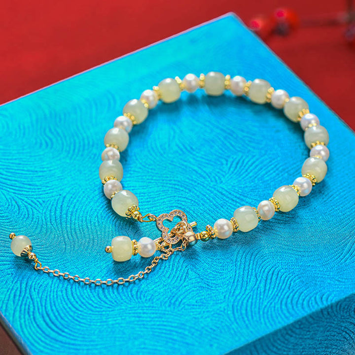 Buddha Stones Hetian Jade Pearl Alloy Four Leaf Clover Pendent Abundance Bracelet