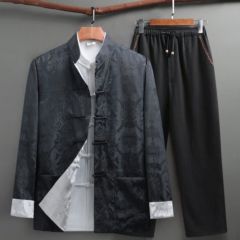 Buddha Stones 2Pcs Men's Tang Suit Koi Fish Pattern Frog-Button Long Sleeve Shirt Pants Set - Gray - US/UK/AU42，EU52 (3XL) - image 0