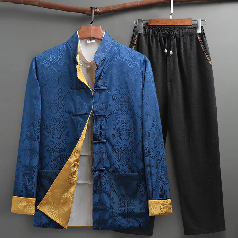 Buddha Stones 2Pcs Men's Tang Suit Koi Fish Pattern Frog-Button Long Sleeve Shirt Pants Set - RoyalBlue - US/UK/AU42，EU52 (3XL) - image 7