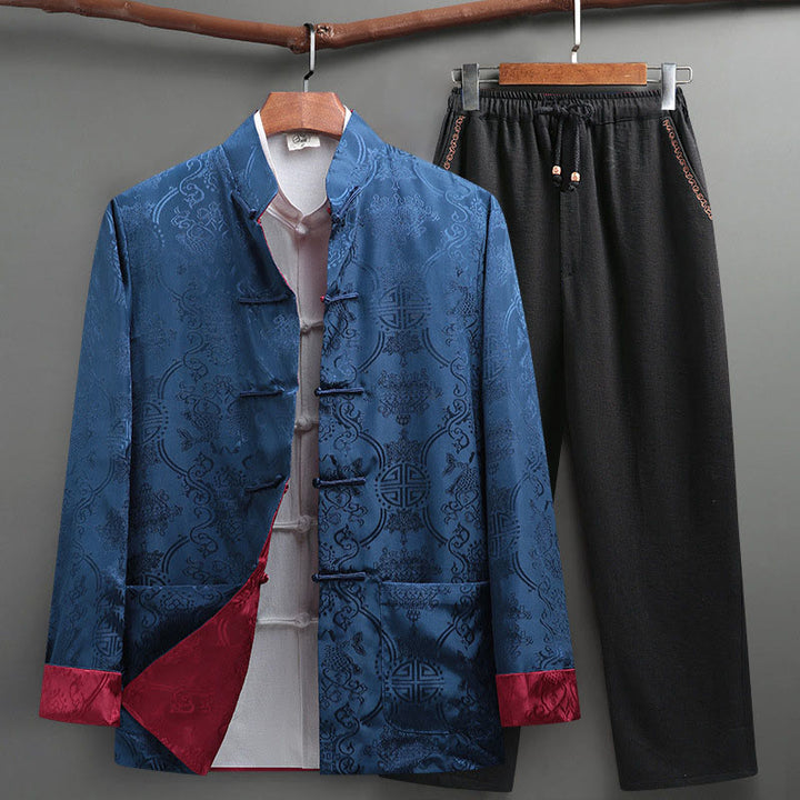Buddha Stones 2Pcs Men's Tang Suit Koi Fish Pattern Frog-Button Long Sleeve Shirt Pants Set - CornflowerBlue - US/UK/AU42，EU52 (3XL) - image 18