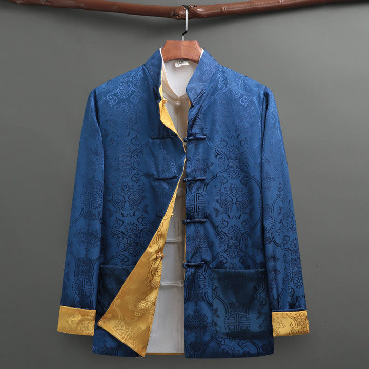 Buddha Stones 2Pcs Men's Tang Suit Koi Fish Pattern Frog-Button Long Sleeve Shirt Pants Set - image 8