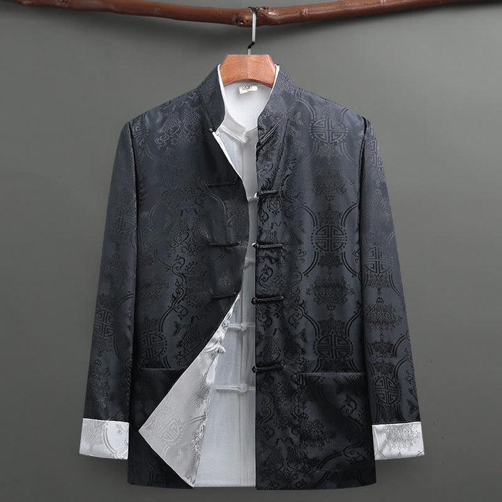 Buddha Stones 2Pcs Men's Tang Suit Koi Fish Pattern Frog-Button Long Sleeve Shirt Pants Set - image 1