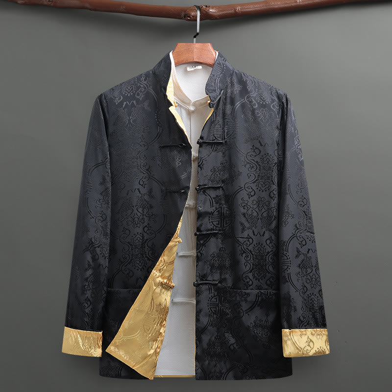 Buddha Stones Men's Frog-Button Tang Suit Koi Fish Pattern Long Sleeve Jacket Shirt With Pockets - Black - US/UK/AU42，EU52 (3XL) - image 0