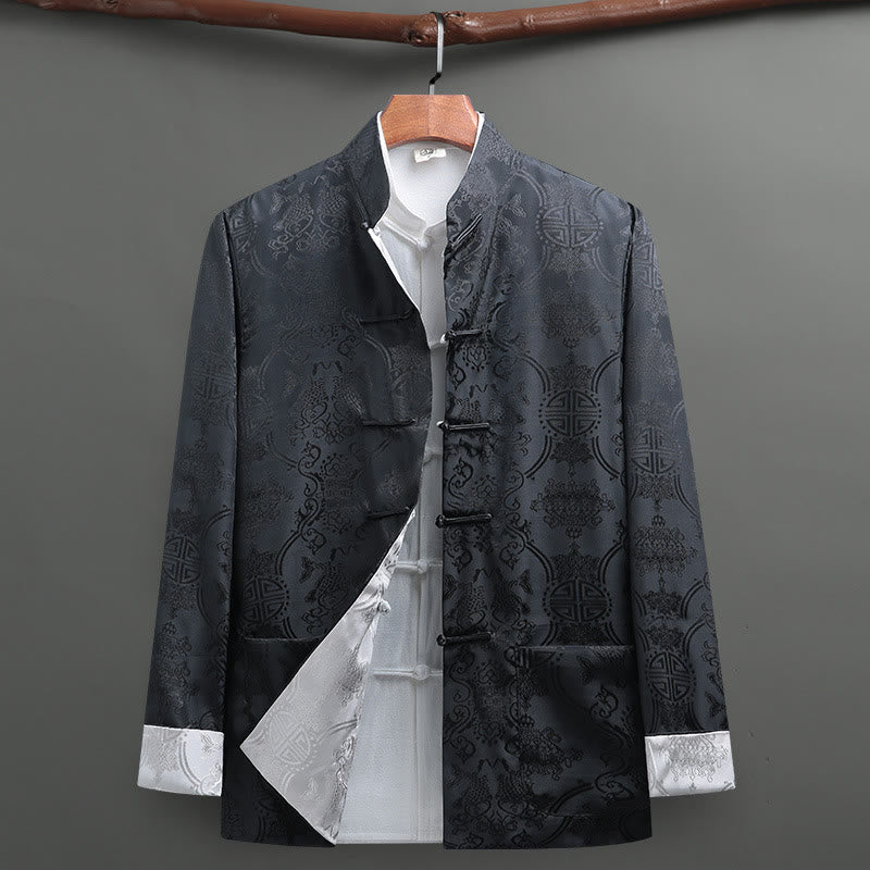 Buddha Stones Men's Frog-Button Tang Suit Koi Fish Pattern Long Sleeve Shirt With Pockets - Gray - US/UK/AU42，EU52 (3XL) - image 10