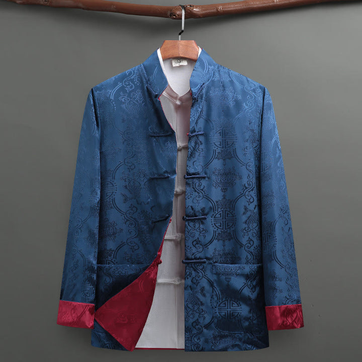Buddha Stones Men's Frog-Button Tang Suit Koi Fish Pattern Long Sleeve Shirt With Pockets - CornflowerBlue - US/UK/AU42，EU52 (3XL) - image 11