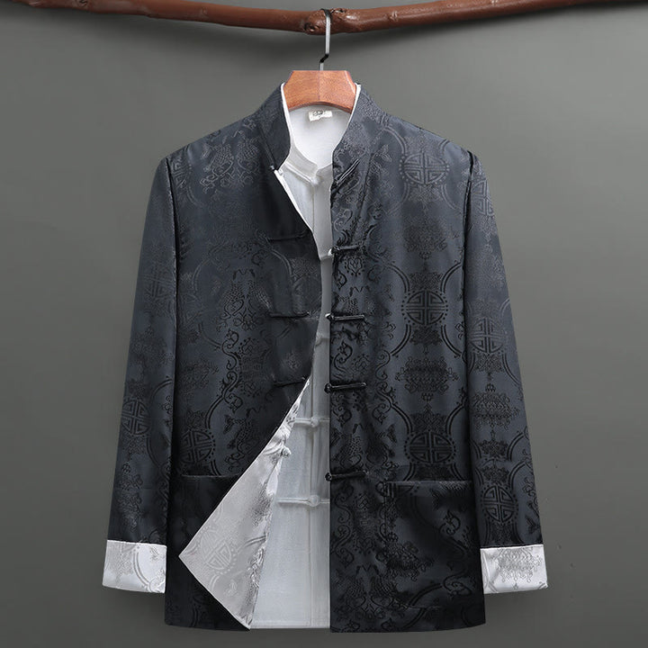 Buddha Stones Men's Frog-Button Tang Suit Koi Fish Pattern Long Sleeve Jacket Shirt With Pockets