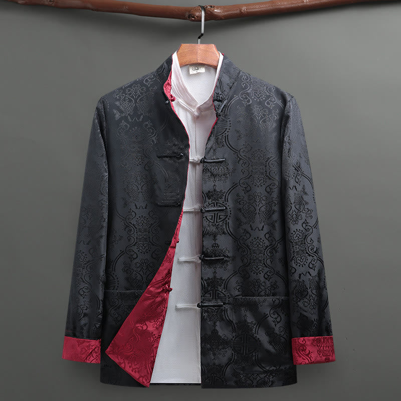 Buddha Stones Men's Frog-Button Tang Suit Koi Fish Pattern Long Sleeve Shirt With Pockets - Black+Red - US/UK/AU42，EU52 (3XL) - image 12