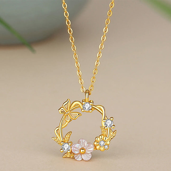 Buddha Stones 925 Sterling Silver Cubic Zirconia Shell Butterfly Peach Blossom Blessing Necklace Pendant