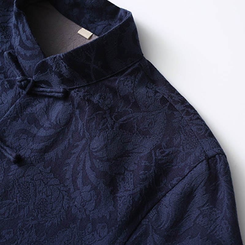 Buddha Stones 2Pcs Men's Tang Suit Jacquard Vine Pattern Frog-Button Cotton Long Sleeve Shirt Pants Set - image 2