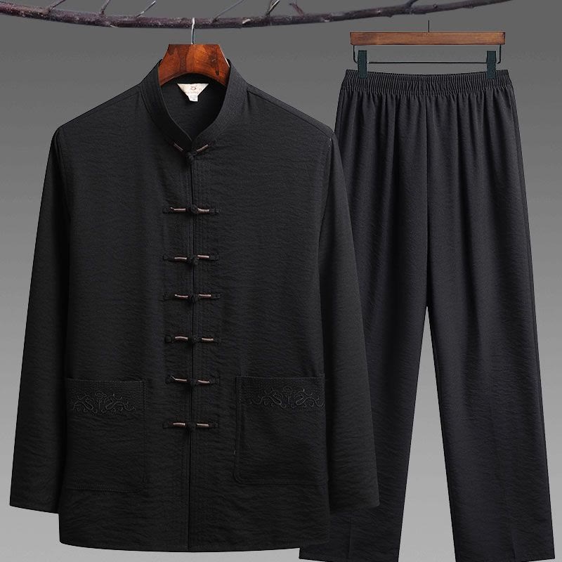 Buddha Stones 2Pcs Plain Tang Suit Men's Frog-Button Long Sleeve Shirt Pants Set - Black - 2Pcs Set - US/UK/AU42，EU52 (4XL) - image 8