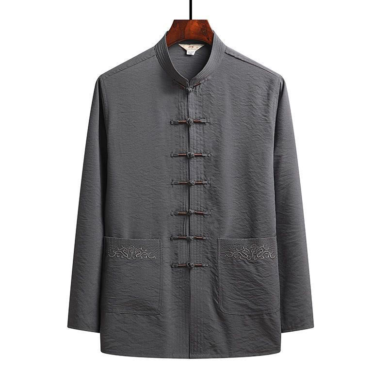 Buddha Stones 2Pcs Plain Tang Suit Men's Frog-Button Long Sleeve Shirt Pants Set - Gray - Shirt - US/UK/AU42，EU52 (4XL) - image 3